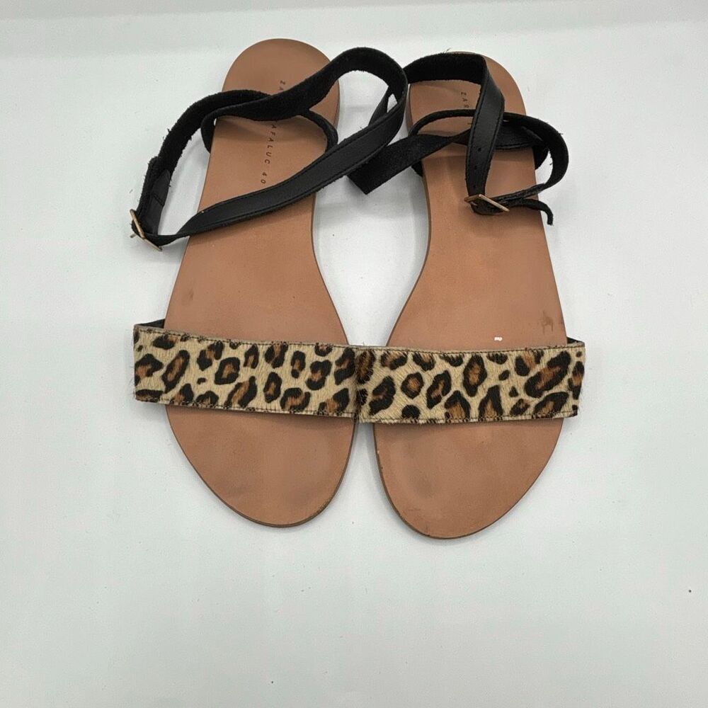ZARA FLAT LEATHER SANDALS WITH LEOPARD PRINT STRAP SIZE 40 US 10 - Picture 2 of 8